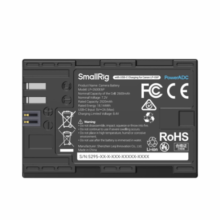 SmallRig 5295 - zamiennik, akumulator Canon LP-E6P (port USB-C, 2600mAh)